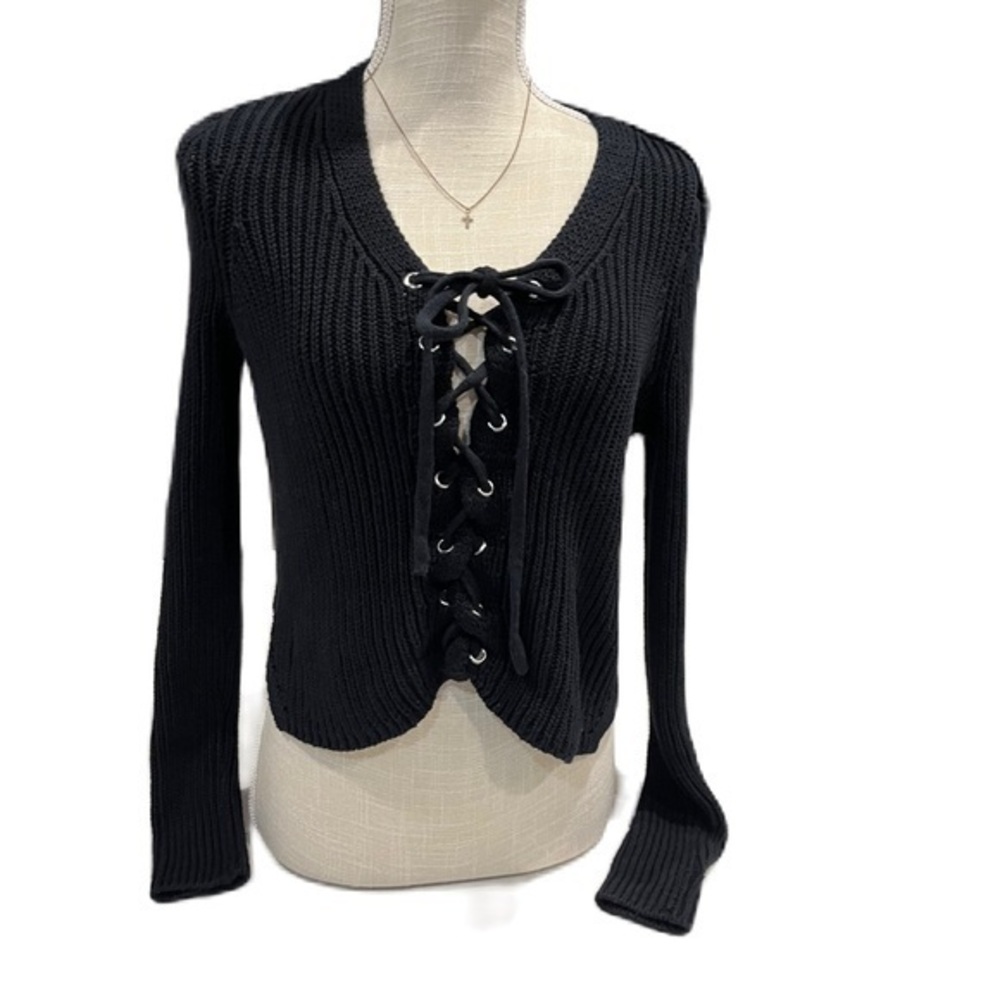Kendall & Kylie Black V-Neck Lace-Up Sweater